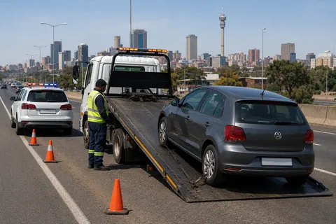 Tow truck and cones at a controlled roadside recovery scene