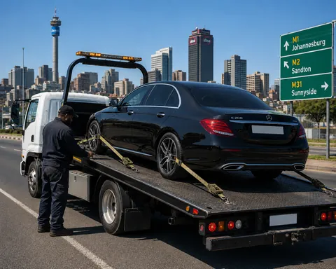 Flatbed tow truck loading a non-running car with straps visible