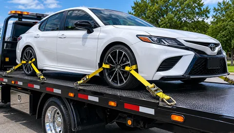 Clean vehicle secured with yellow straps on a flatbed tow truck