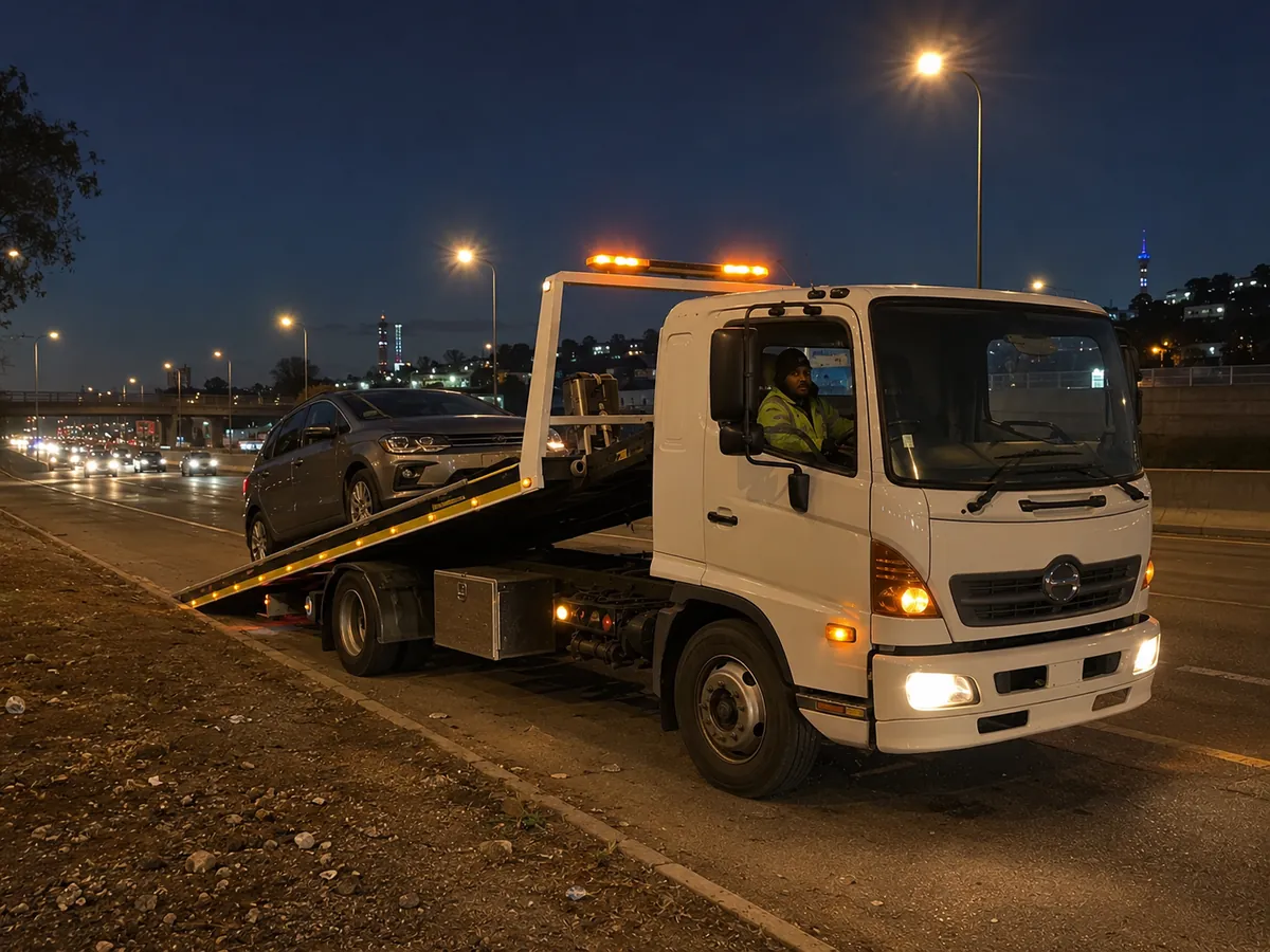Tow truck loading a car on a Johannesburg roadside at night with hazard lights on